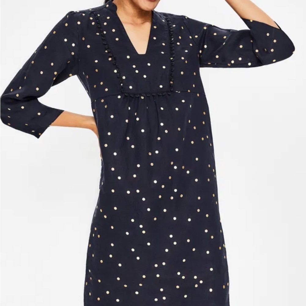 Boden Navy Long Sleeve Dress with Polka Dots 100% Linen Size 10